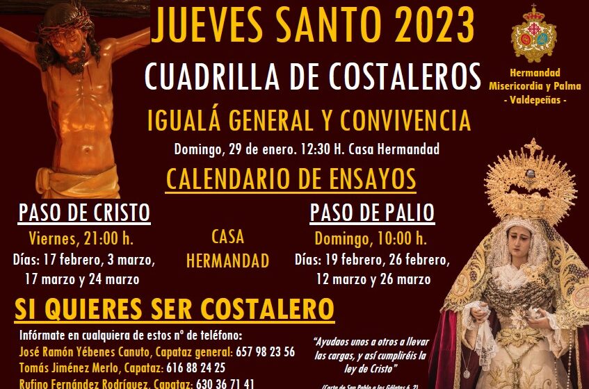  Calendario de ensayos de la cuadrilla de costaleros de Misericordia y Palma de Valdepeñas para el Jueves Santo 2023