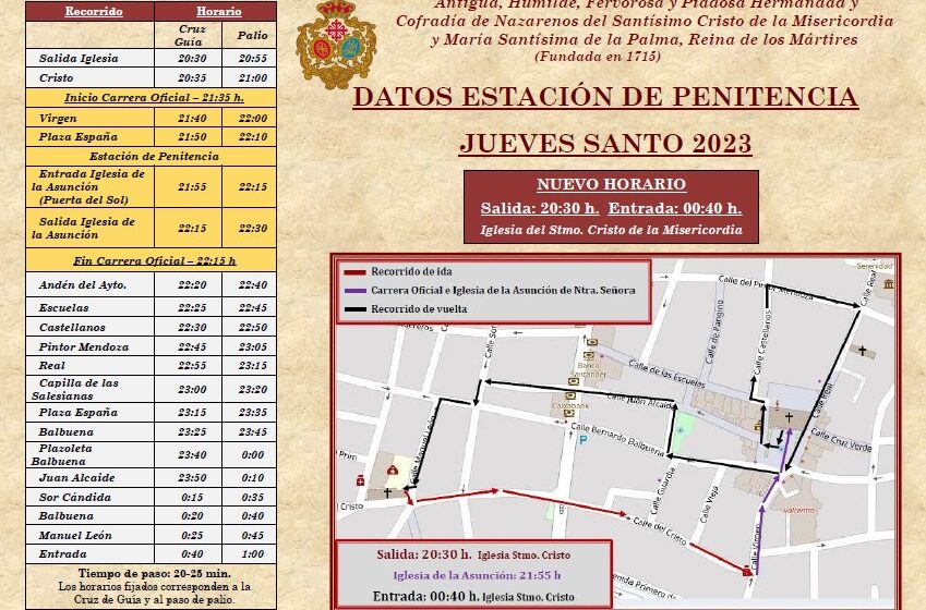  Nuevo recorrido y horario de la Estación de Penitencia del Jueves Santo 2023. Misericordia y Palma de Valdepeñas